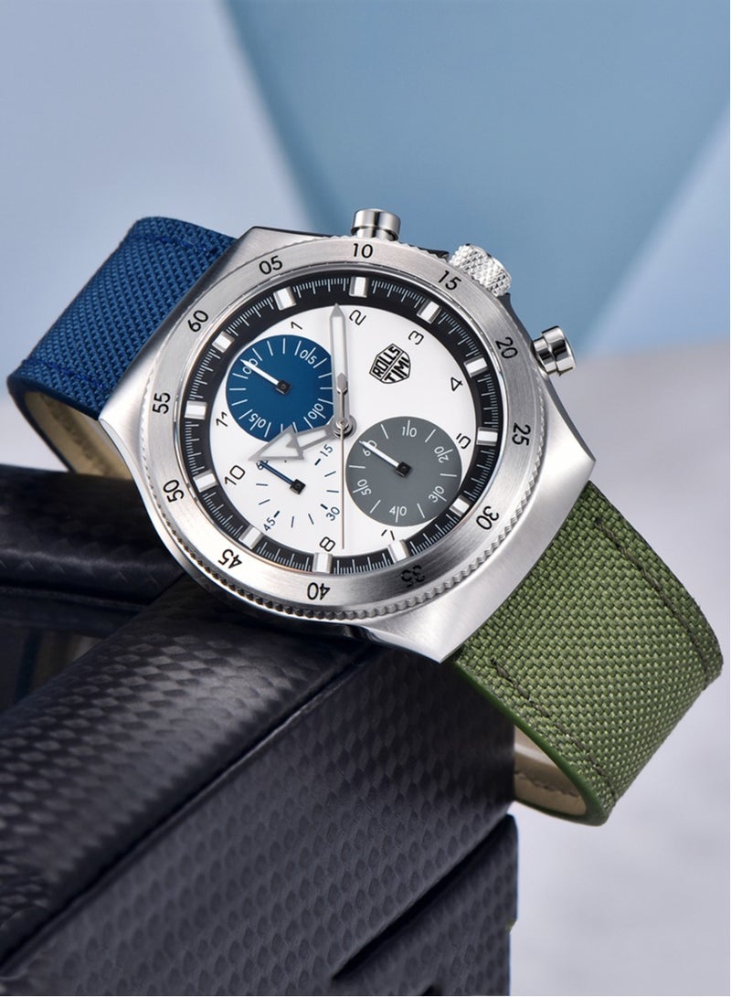 RollsTimi  New Men's Chronograph Quartz Watches, 43MM Stainless Steel Dial, Blue-Green Nylon Leather Strap, Imported Movement, RT7932  - Image 2