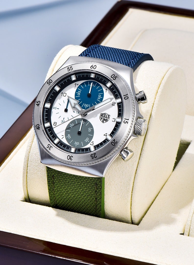 RollsTimi  New Men's Chronograph Quartz Watches, 43MM Stainless Steel Dial, Blue-Green Nylon Leather Strap, Imported Movement, RT7932  - Image 3