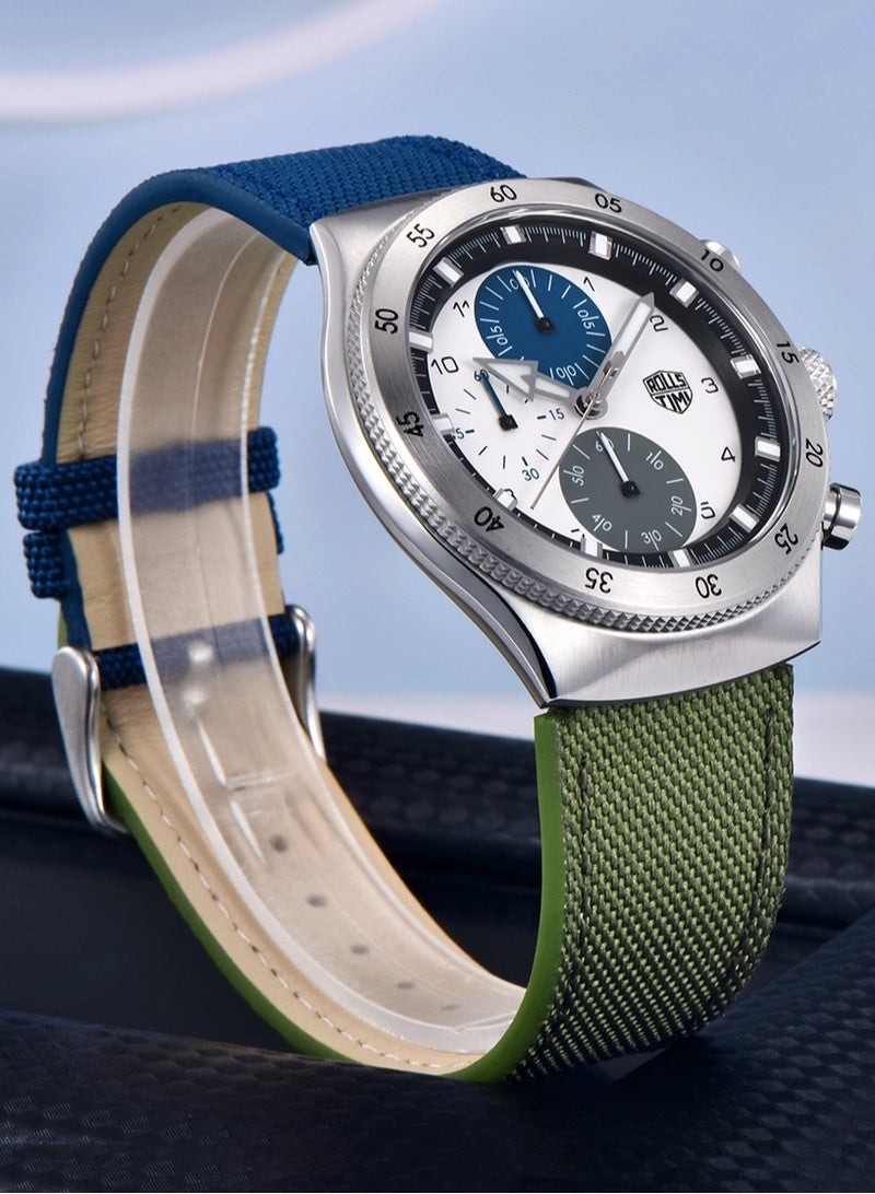 RollsTimi  New Men's Chronograph Quartz Watches, 43MM Stainless Steel Dial, Blue-Green Nylon Leather Strap, Imported Movement, RT7932  - Image 4