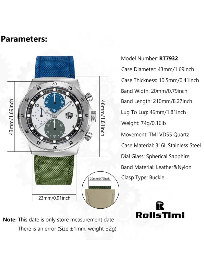 RollsTimi  New Men's Chronograph Quartz Watches, 43MM Stainless Steel Dial, Blue-Green Nylon Leather Strap, Imported Movement, RT7932  - Image 5