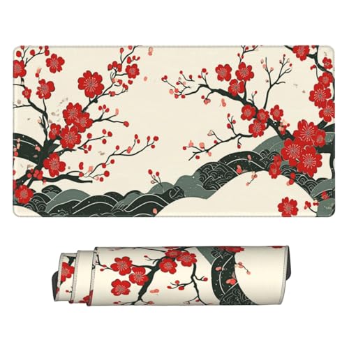 AQQA Japanese Desk Mat, Cherry Blossom Waves Large Gaming Mouse Pad, XL Anime Gaming Keyboard Mat Non-Slip Rubber Base Mousepad Desk Decor for Women Home Office, 31.5”x15.7” - Image 1