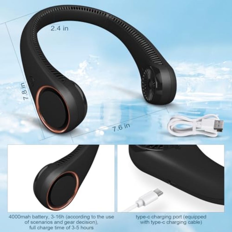 Neck Fan: Portable Personal Neck Cooling Rechargeable Bladeless Fan - Hands Free 3 Speed 4000 mAh Battery USB Operated Wearable Headphone Design - Gift for Men Women Outdoor - Image 4