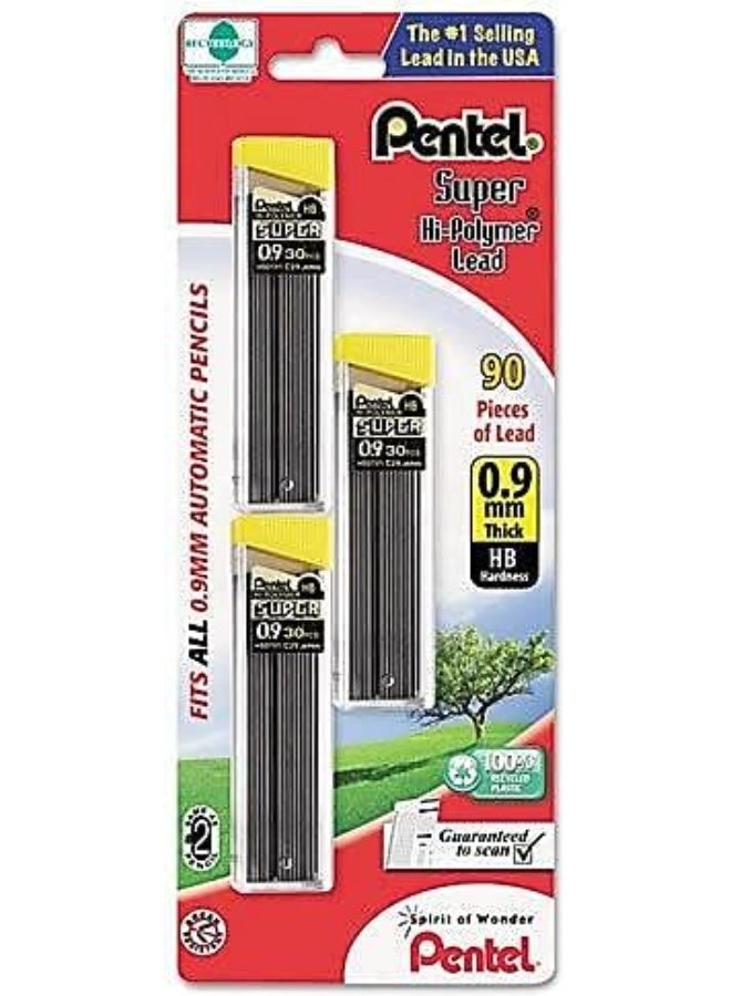 Pentel قلم رصاص ميكانيكي من بنتل® برؤوس سوبر هاي بوليمر®، 0.9 مم، HB، 30 رأس لكل أنبوب، عبوة من 3 أنابيب - Image 1