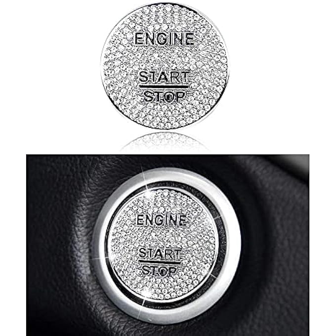 SWIUKPHE ملصق زر تشغيل محرك السيارة من حجر الراين الكريستالي اللامع الفضي، غطاء زر الإشعال، مناسب لملحقات مرسيدس بنز الداخلية - Image 1