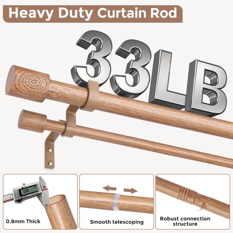 Wolistsa Wood Double Curtain Rod, Boho Decorative Long Dual Curtain Rod 66 to 120 Inch, 1 Inch Adjustable Heavy Duty Rustic Farmhouse Spliced Drapery Rods, Modern Faux Wood Grain Design - Image 3
