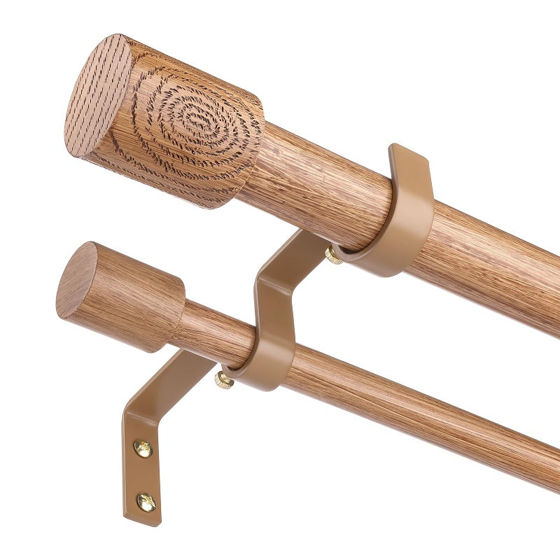 Wolistsa Wood Double Curtain Rod, Boho Decorative Long Dual Curtain Rod 66 to 120 Inch, 1 Inch Adjustable Heavy Duty Rustic Farmhouse Spliced Drapery Rods, Modern Faux Wood Grain Design - Image 1