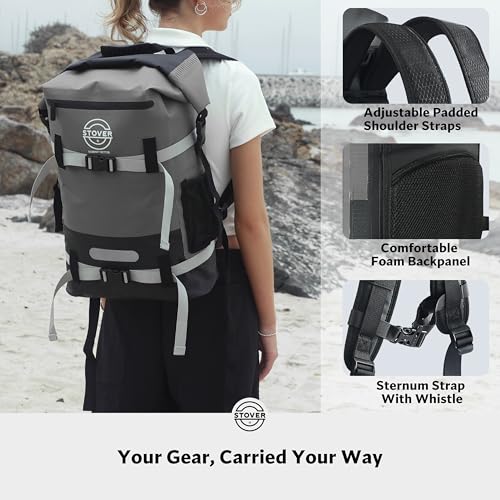 STOVER 5/10/25/30/40/55L Waterproof Dry Backpack & Phone Case- X-Large Floating Dry Bag for Kayaking, Travel, Hiking, Fishing, Camping, Motorcycles & Beach, Heavy-Duty Roll Top Men/Women (Grey) - Image 5