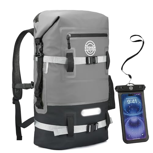 STOVER 5/10/25/30/40/55L Waterproof Dry Backpack & Phone Case- X-Large Floating Dry Bag for Kayaking, Travel, Hiking, Fishing, Camping, Motorcycles & Beach, Heavy-Duty Roll Top Men/Women (Grey) - Image 1