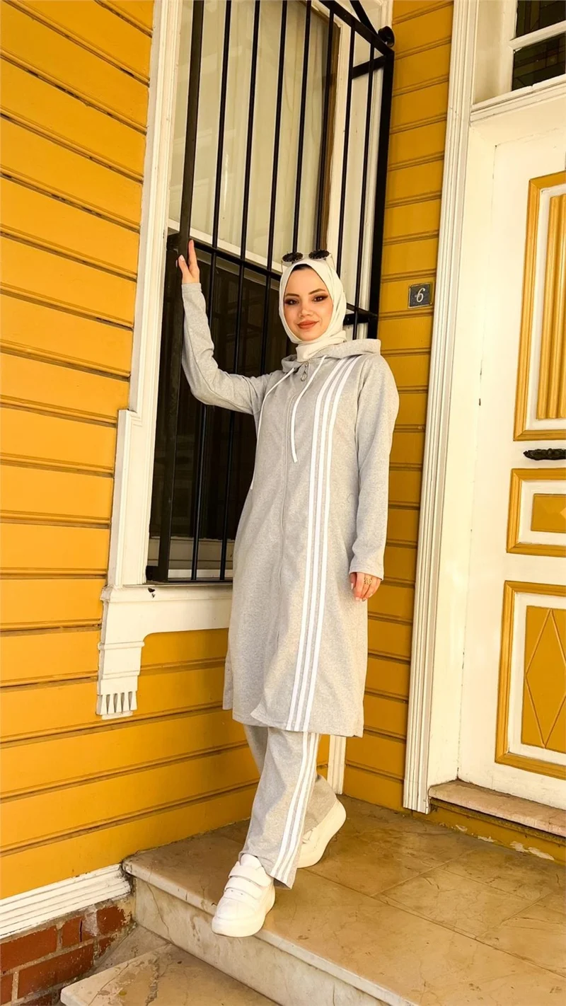 Bwest Zippered Hooded Long Tunic Pants Double Hijab Tracksuit Set - 03077 - Gray