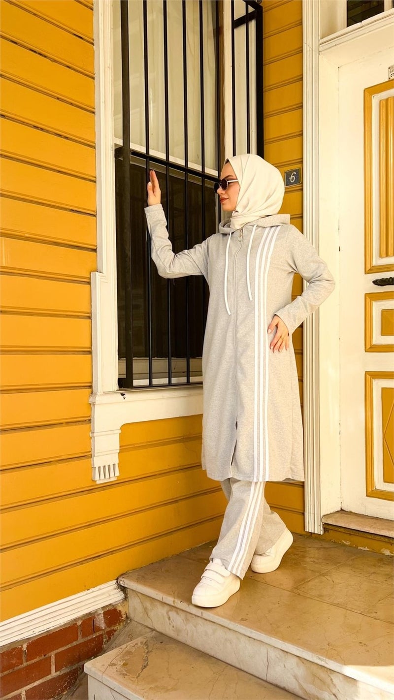 Bwest Zippered Hooded Long Tunic Pants Double Hijab Tracksuit Set - 03077 - Gray - Image 4