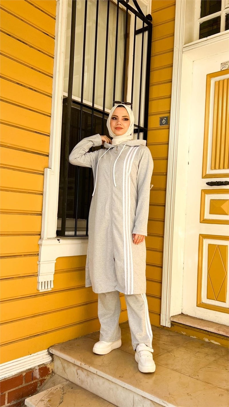 Bwest Zippered Hooded Long Tunic Pants Double Hijab Tracksuit Set - 03077 - Gray - Image 3