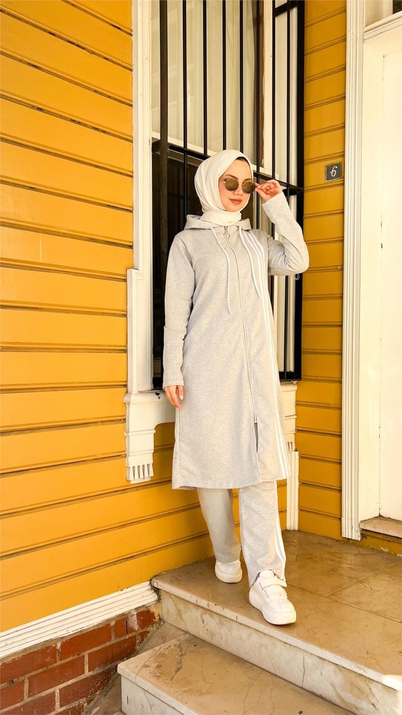 Bwest Zippered Hooded Long Tunic Pants Double Hijab Tracksuit Set - 03077 - Gray - Image 5