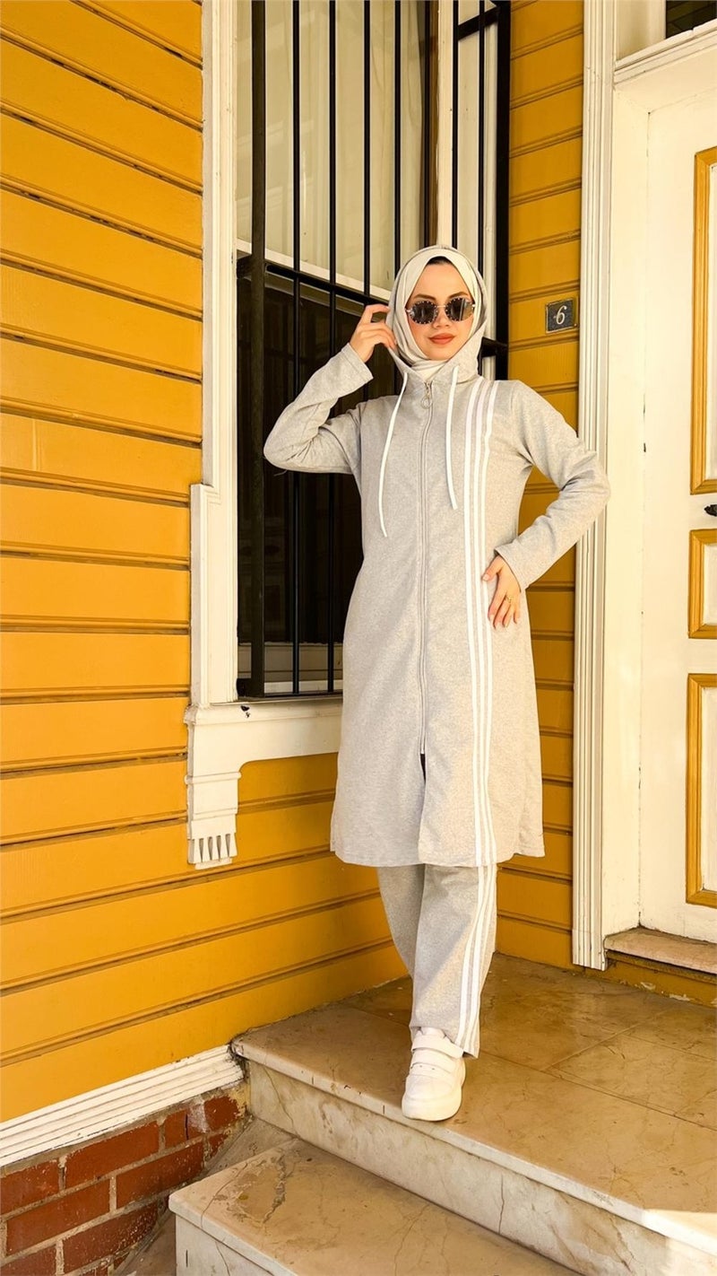 Bwest Zippered Hooded Long Tunic Pants Double Hijab Tracksuit Set - 03077 - Gray - Image 1