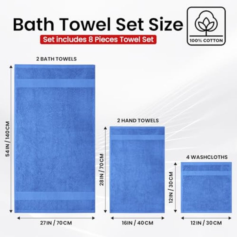 Premium Bath Towels Set - [Pack of 8] 100% Cotton Highly Absorbent 2 Bath Towels, 2 Hand Towels and 4 Washcloths - Hotel and Spa Quality Bath Towels for Bathroom (2 Bath Towels, 2 Hand Towels, 4 Washcloths) Soft and Absorbent Towels for Bathroom - Gym, Shower, Spa and Hotel Use - Image 4