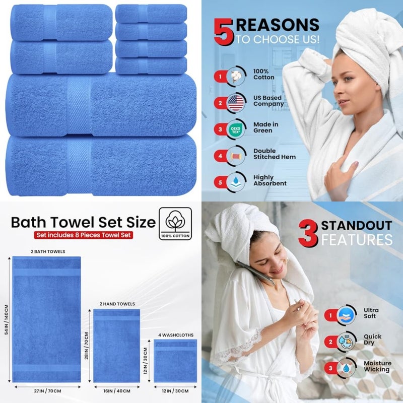 Premium Bath Towels Set - [Pack of 8] 100% Cotton Highly Absorbent 2 Bath Towels, 2 Hand Towels and 4 Washcloths - Hotel and Spa Quality Bath Towels for Bathroom (2 Bath Towels, 2 Hand Towels, 4 Washcloths) Soft and Absorbent Towels for Bathroom - Gym, Shower, Spa and Hotel Use - Image 1