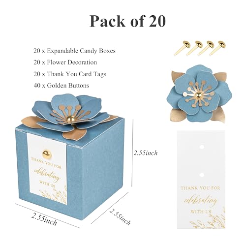 FEIYI 20 PCS Favor Boxes, 3 In 1 Dusty Blue Candy Boxes with Floral Decor, White Thank You Tags Gold Foil Print Gift wrapping for Wedding, Baby Shower, Birthday, Decorations Party - 2.55x2.55x2.55 - Image 2