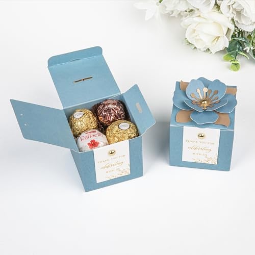 FEIYI 20 PCS Favor Boxes, 3 In 1 Dusty Blue Candy Boxes with Floral Decor, White Thank You Tags Gold Foil Print Gift wrapping for Wedding, Baby Shower, Birthday, Decorations Party - 2.55x2.55x2.55 - Image 3