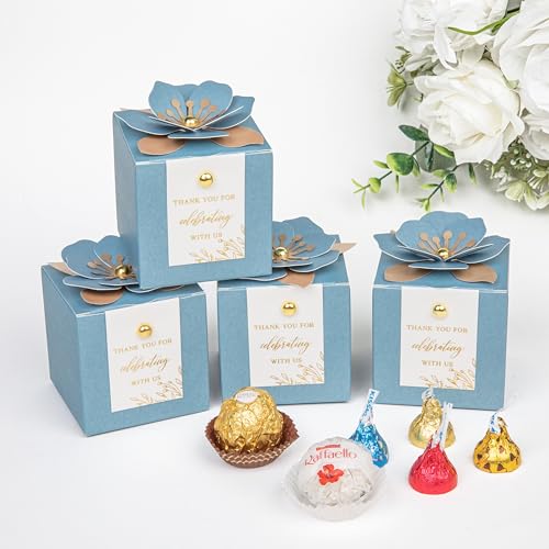 FEIYI 20 PCS Favor Boxes, 3 In 1 Dusty Blue Candy Boxes with Floral Decor, White Thank You Tags Gold Foil Print Gift wrapping for Wedding, Baby Shower, Birthday, Decorations Party - 2.55x2.55x2.55 - Image 4