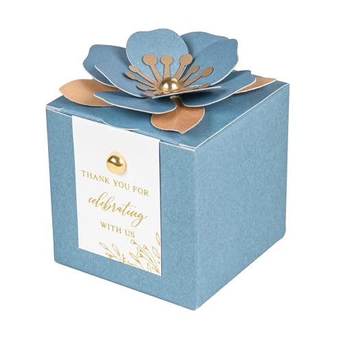 FEIYI 20 PCS Favor Boxes, 3 In 1 Dusty Blue Candy Boxes with Floral Decor, White Thank You Tags Gold Foil Print Gift wrapping for Wedding, Baby Shower, Birthday, Decorations Party - 2.55x2.55x2.55 - Image 1