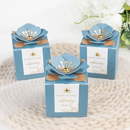 FEIYI 20 PCS Favor Boxes, 3 In 1 Dusty Blue Candy Boxes with Floral Decor, White Thank You Tags Gold Foil Print Gift wrapping for Wedding, Baby Shower, Birthday, Decorations Party - 2.55x2.55x2.55 - Image 5