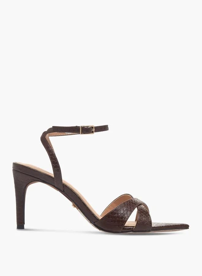 Paprika Women Animal Textured Cross Strap Sandals with Buckle Closure and Stiletto Heels