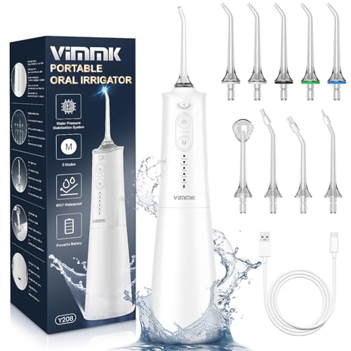 VIMMK Water Flosser, Cordless Water Dental Flosser, 9 Jet Tips 5 Modes 300ML IPX7 Waterproof, Portable Rechargeable Oral Irrigator for Home Travel - Gums, Orthodontic, Braces Care - Black (White) - Image 1