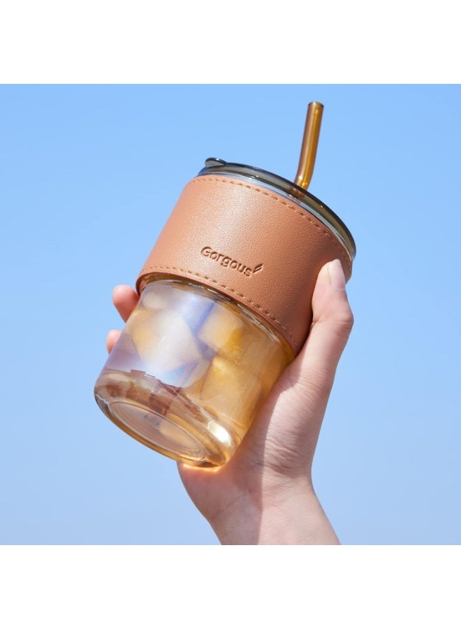 Gorgeous Double Wall Glass Tumbler with Straw and Leather Sleeve | 400ml Reusable Drinking Cup | Premium Borosilicate Glass | Amber Color - Image 4