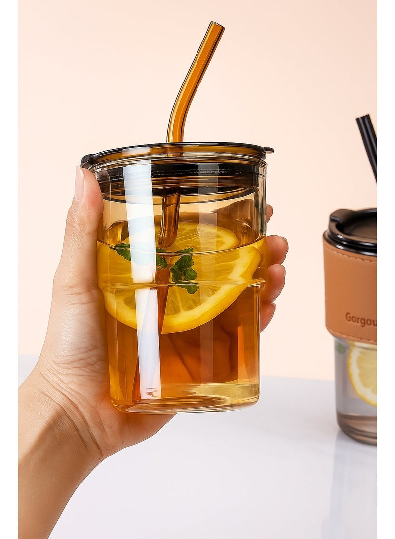 Gorgeous Double Wall Glass Tumbler with Straw and Leather Sleeve | 400ml Reusable Drinking Cup | Premium Borosilicate Glass | Amber Color - Image 2