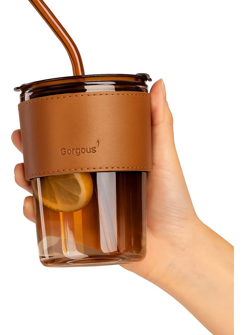 Gorgeous Double Wall Glass Tumbler with Straw and Leather Sleeve | 400ml Reusable Drinking Cup | Premium Borosilicate Glass | Amber Color - Image 3