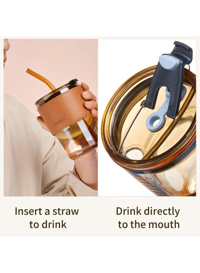 Gorgeous Double Wall Glass Tumbler with Straw and Leather Sleeve | 400ml Reusable Drinking Cup | Premium Borosilicate Glass | Amber Color - Image 1