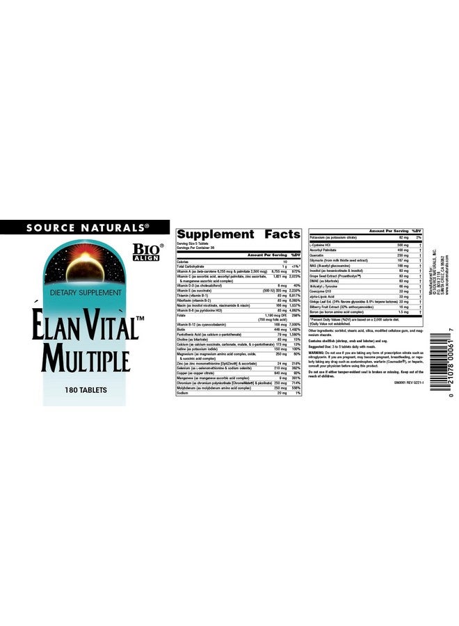 Source Naturals Elan Vital Multiple Supports Brain Heart Liver Immune Energy Boost 180 Tablets - Image 5