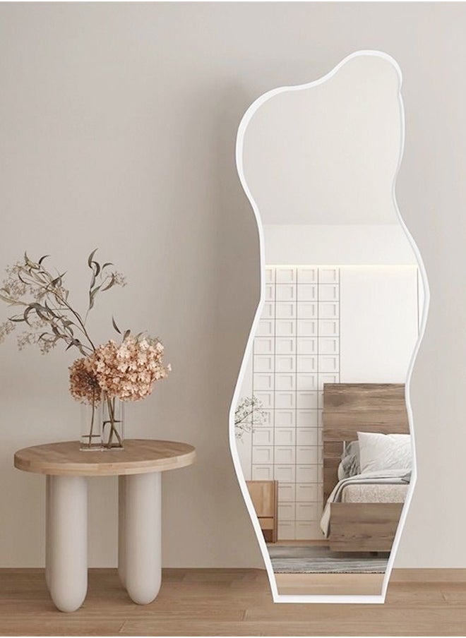 Modern Scandinavian Design Full Length Mirror Standing Hanging or Leaning Against Wall Large Bedroom Floor Mirror Dressing Mirror Wall-Mounted Mirror Wood Frame Wavy Mirror Round Corner 40 x 150 cm 