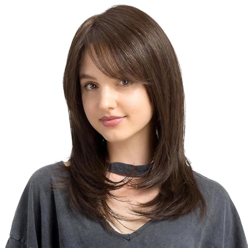 ASSU 20 Inch Brown Long Layered Synthetic Hair Wig for Women | Natural Straight Shoulder-Length Style | Washable Lightweight Breathable Cap with Wig Cap - Image 4