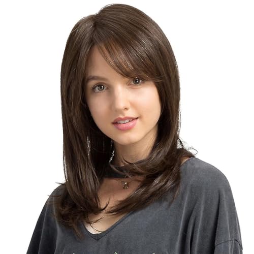 ASSU 20 Inch Brown Long Layered Synthetic Hair Wig for Women | Natural Straight Shoulder-Length Style | Washable Lightweight Breathable Cap with Wig Cap - Image 3