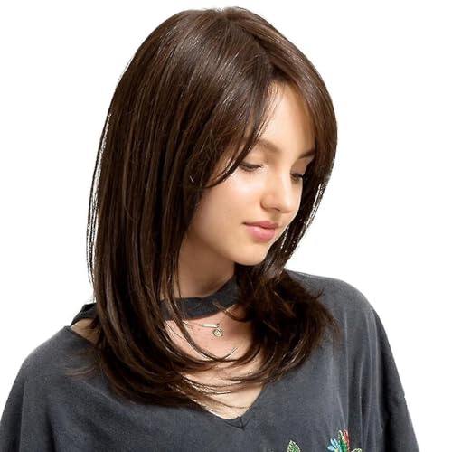 ASSU 20 Inch Brown Long Layered Synthetic Hair Wig for Women | Natural Straight Shoulder-Length Style | Washable Lightweight Breathable Cap with Wig Cap - Image 1