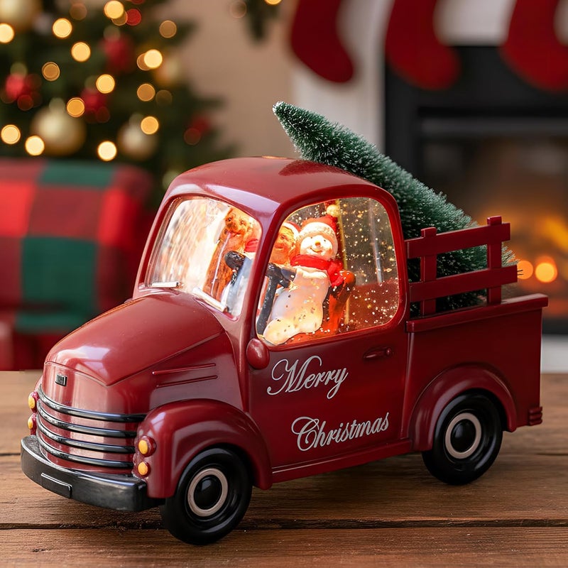 MXwcy Snowman Christmas Snow Globes Red Truck Carrying Christmas Tree Water Lantern, 8 Christmas Music, Holiday Decorations Gifts for Family, Children or Friends - Image 1
