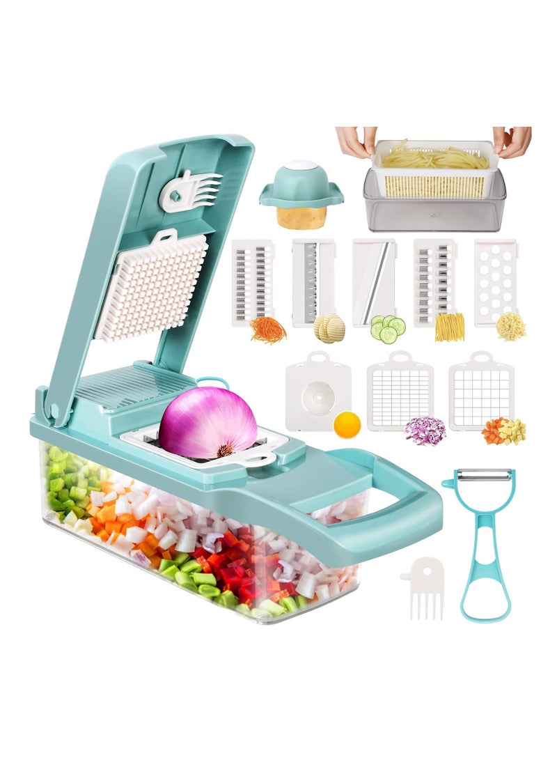 KASTWAVE 14 in 1 Vegetable Chopper, Multifunctional Mandoline Slicer Dicer Household Kitchen Manual Julienne Grater Cutter for Onion, Garlic, Carrot, Potato, Fruit, Salad Blue - Image 1