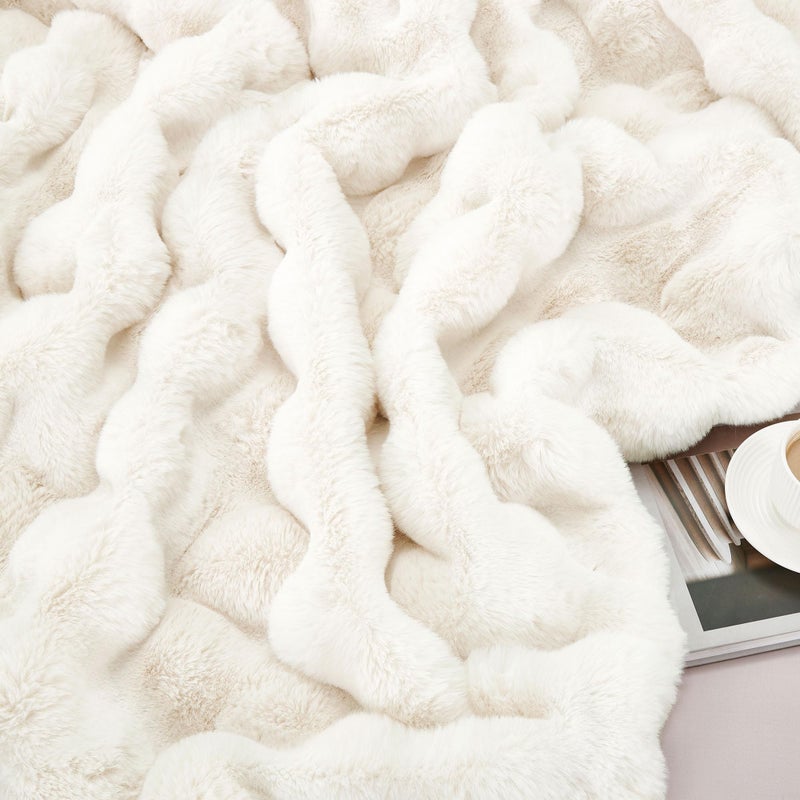DREAMNINE Decorative Soft Thick Fuzzy Faux Rabbit Fur Throw Blanket for Couch Sofa, Reversible Plush Warm Fleece Fluffy Blanket for Winter, Luxury Cute Cozy Furry Blanket for Bed,50" x 60",Cream White - Image 4