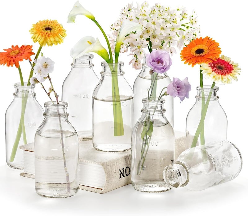 Okllen Set of 12 Glass Bud Vase Small Milk Bottle Flower Vases Decorative Glass Bottles Vintage Bud Vases Centerpiece for Home Decor Wedding Reception Clear