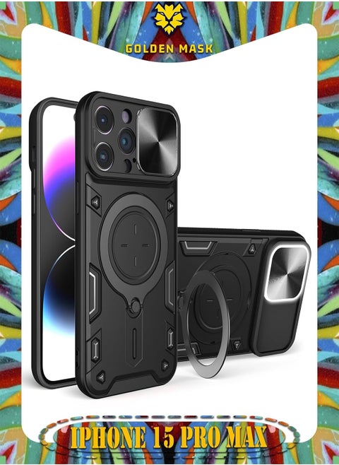 GOLDEN MASK For iPhone 15 Pro Max Armored Camera Shield Cover Camera Lend Protection, Built-in 360° (Black)