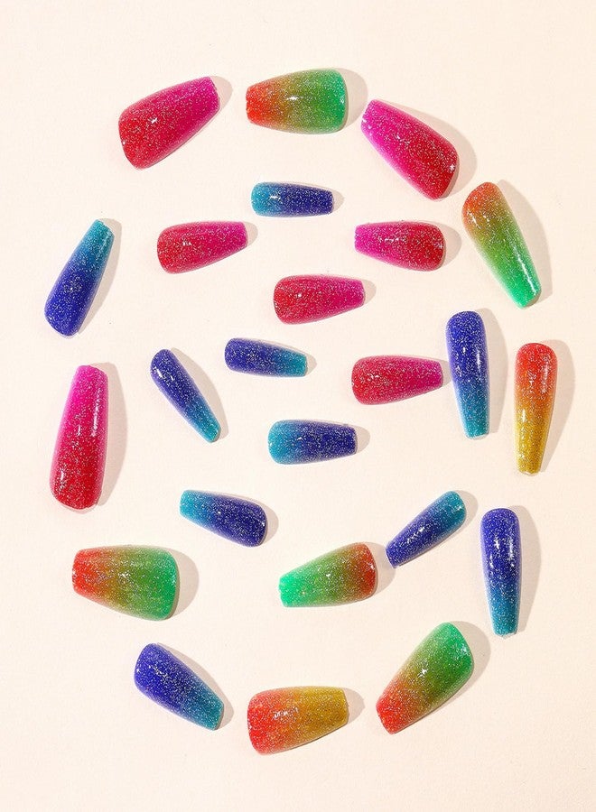 GRITOSE 24pcs Long Coffin Press on Nail Colorful Fake Nails with designs Acrylic Press ones Glitter Gradient Stick on Nail Full Cover Reusable Glue on Nails for Women Summer Manicure - Image 3