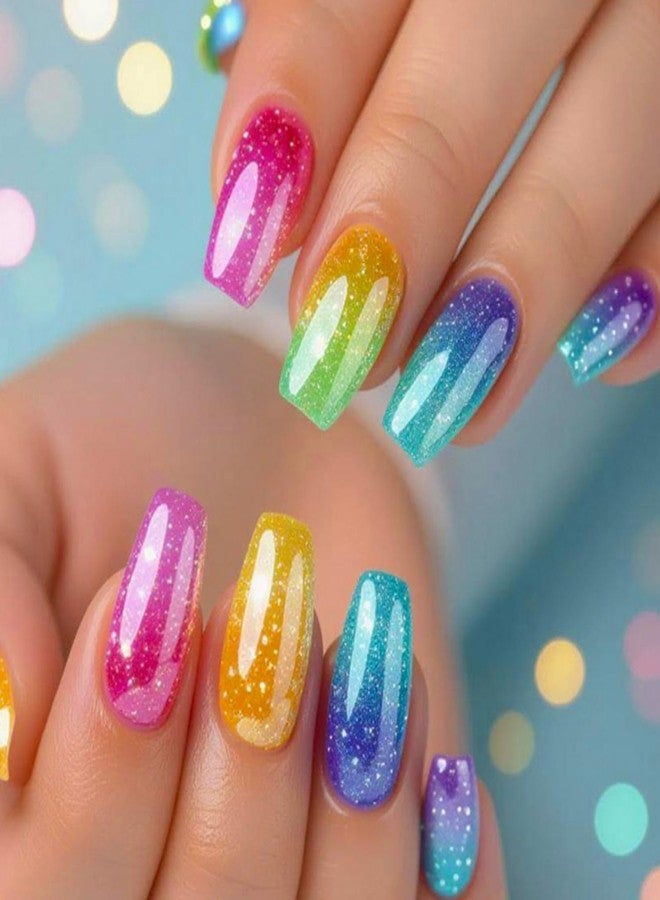 GRITOSE 24pcs Long Coffin Press on Nail Colorful Fake Nails with designs Acrylic Press ones Glitter Gradient Stick on Nail Full Cover Reusable Glue on Nails for Women Summer Manicure - Image 1