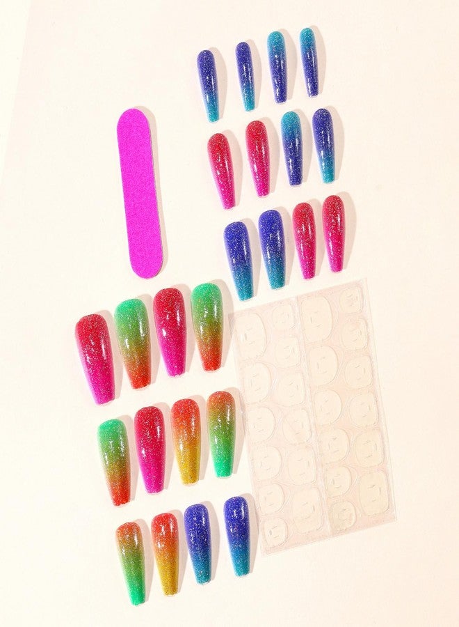 GRITOSE 24pcs Long Coffin Press on Nail Colorful Fake Nails with designs Acrylic Press ones Glitter Gradient Stick on Nail Full Cover Reusable Glue on Nails for Women Summer Manicure - Image 2