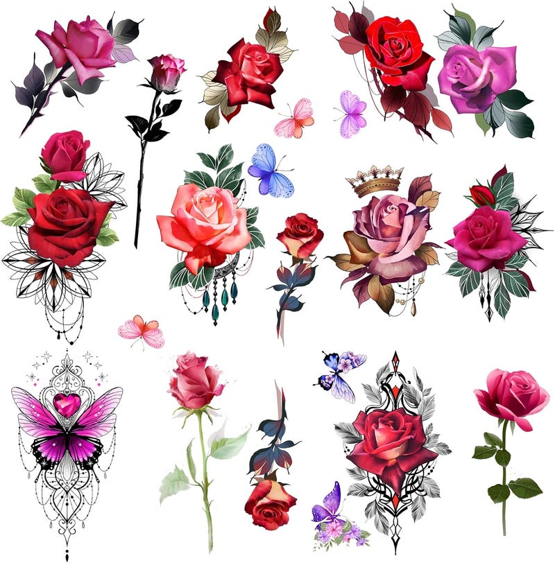 Roarhowl Temporary Rose Flower Tattoos Large Rose Fake Tattoo Set for Women