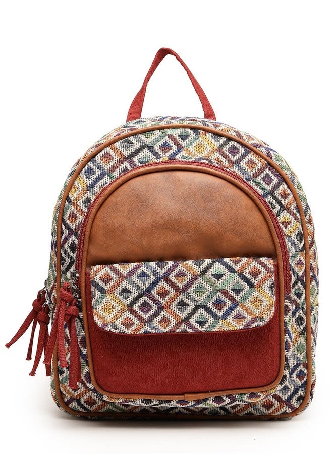 Anekaant Tribal Tan & Multi Diamond Jacquard Cotton & Vegan Leather Backpack - Image 1