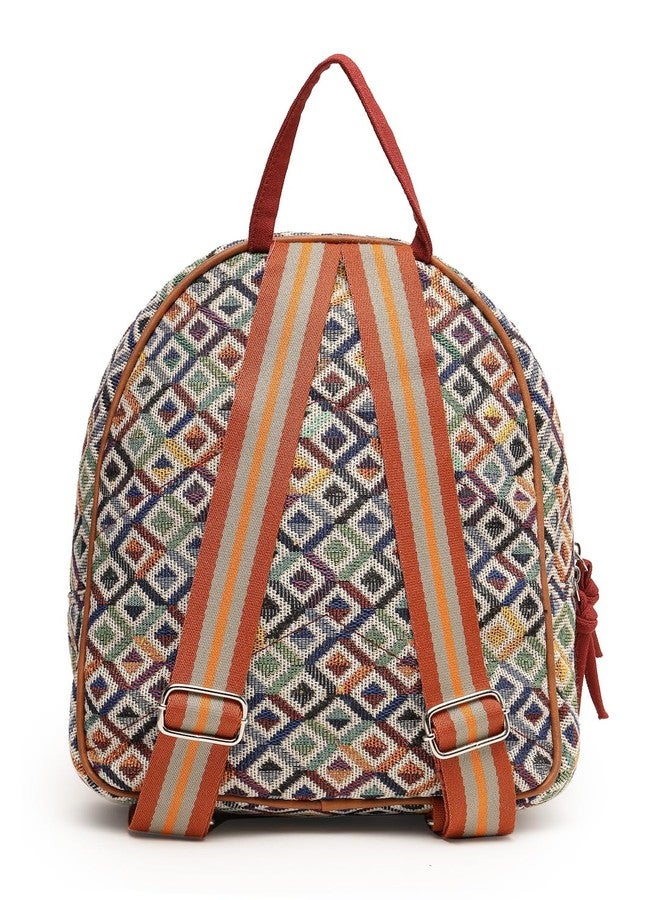 Anekaant Tribal Tan & Multi Diamond Jacquard Cotton & Vegan Leather Backpack - Image 4