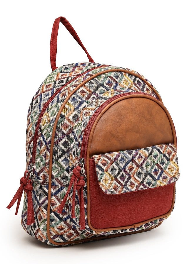 Anekaant Tribal Tan & Multi Diamond Jacquard Cotton & Vegan Leather Backpack - Image 5