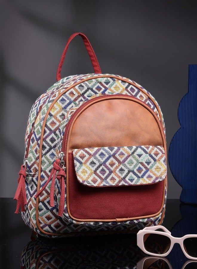 Anekaant Tribal Tan & Multi Diamond Jacquard Cotton & Vegan Leather Backpack - Image 3
