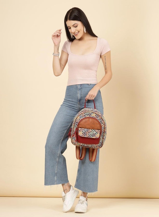 Anekaant Tribal Tan & Multi Diamond Jacquard Cotton & Vegan Leather Backpack - Image 2