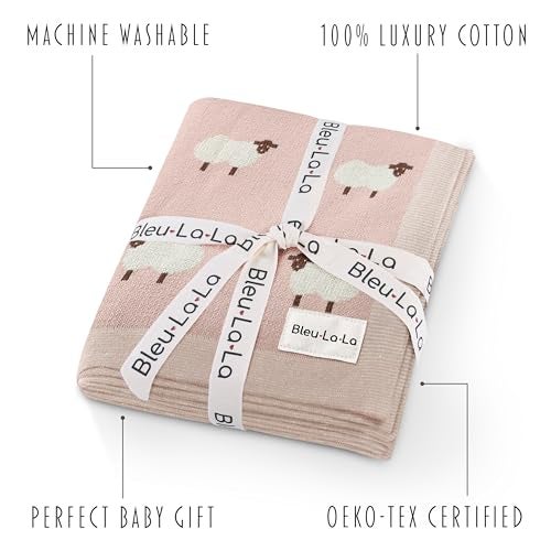 Bleu La La Luxury Knit Baby Receiving Blanket - 100% Cotton Soft Cozy Lightweight Receiving Swaddler Blanket for Shower Gift Registry for Newborns Infants Toddlers (Sheep - Light Pink) - Image 3